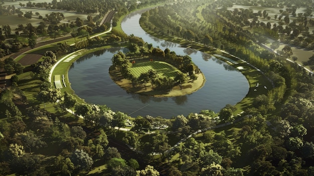 Um estádio circular cercado por um pintoresco rio criando um cenário tranquilo e cênico para