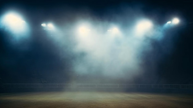 Um estádio com céu nublado e luzes