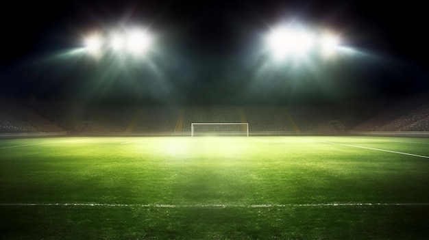 Um estádio com luzes que estão em um fundo escuro