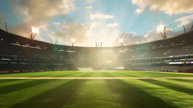 um estádio com um campo verde e um céu azul com nuvens