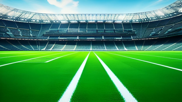 Um estádio com um campo verde e um estádio azul com um campo verde e uma linha branca que diz rugby nele.