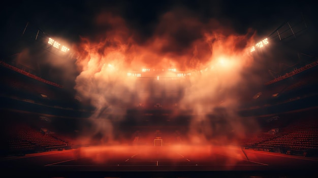 Foto um estádio com um fogo queimando no meio dele