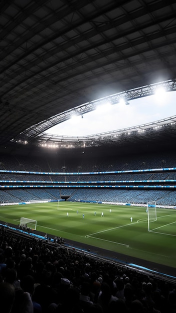 Um estádio com uma faixa azul que diz 'soccer' on it