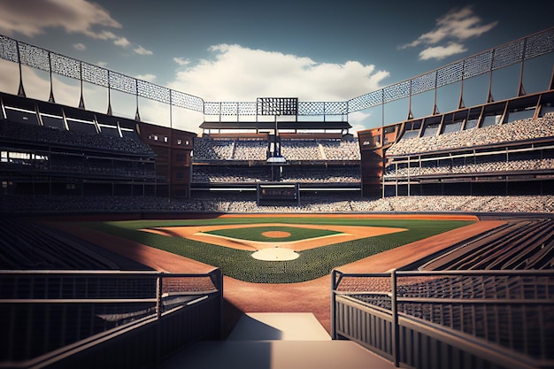 um estádio de beisebol com vista para o estádio com o nome "b" na parte inferior.