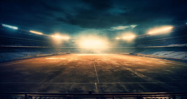 Um estádio de futebol à noite com fumaça saindo do campo