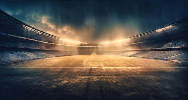 Um estádio de futebol à noite com fumaça saindo do campo