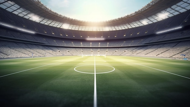 Um estádio de futebol com céu azul e nuvens brancas