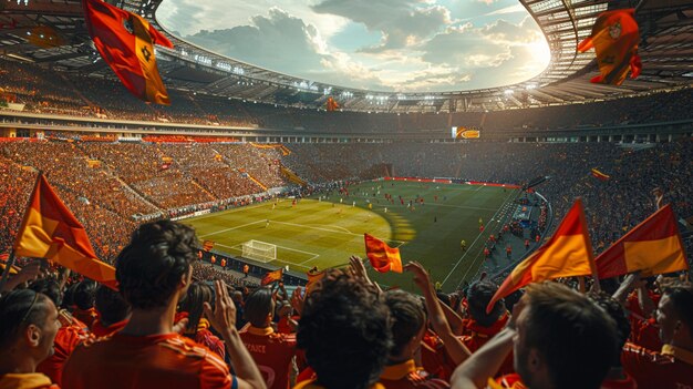 um estádio de futebol com fãs em primeiro plano e a palavra futebol à esquerda