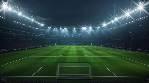 Um estádio de futebol com luzes e holofotes.