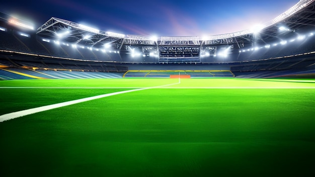 Um estádio de futebol com um céu azul e luzes