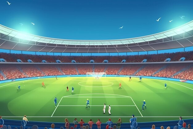 Um estádio de futebol com um estádio com telhado vermelho e uma bandeira azul e branca.