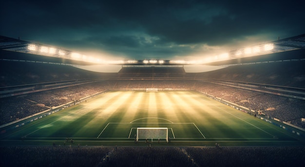 Um estádio de futebol é mostrado com luz no céu