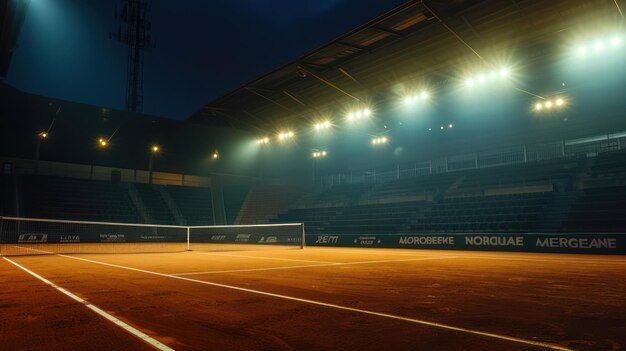 Um estádio de tênis iluminado pelo brilho dos faróis à noite criando uma atmosfera mágica