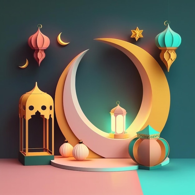 Um estande de exibição vibrante do Ramadan Kareem islâmico com uma renderização em 3D de uma lanterna árabe e lua crescente no pano de fundo Ramadan Kareem e Eid Mubarak conceito Generative Ai