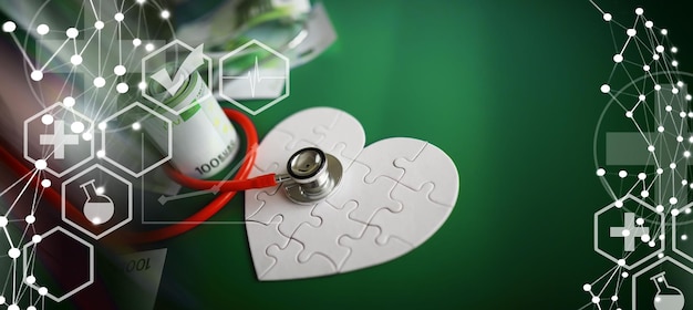 Um estetoscópio sobre dinheiro e um coração quebra-cabeça Seguro de saúde Saúde e remédios Quanto custa o tratamento Dinheiro e remédios Dia Mundial do Coração Dia Mundial da Saúde Quanto custa um coração de doador