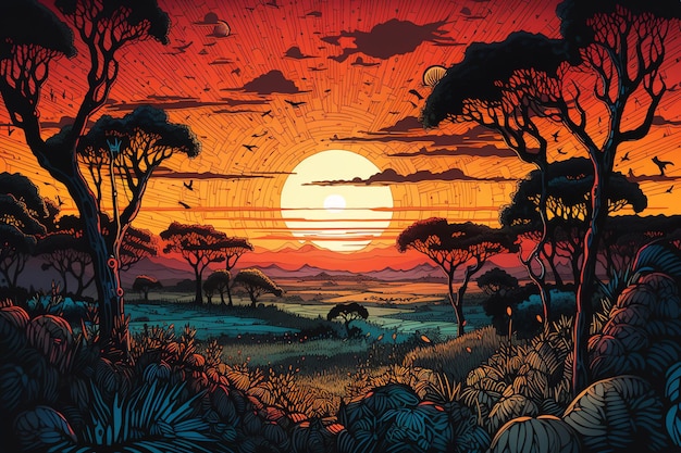 Um estilo de arte de papel de um pôr do sol colorido sobre a África