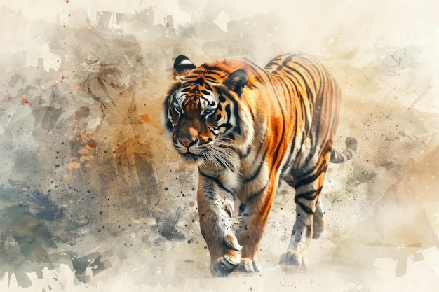 Um estilo de cor de água de tigre caminhando
