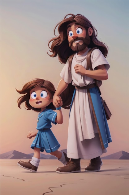 um estilo de desenho animado 3d de um chapéu de homem parece amigo de jesus com uma criança ou uma família