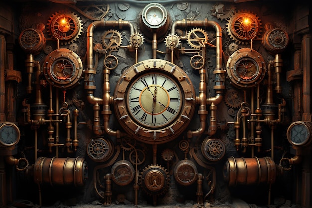 Um estilo steampunk com engrenagens, tubos e relógios Estilizado de um steampunk, ilustração mecânica 3D, design de arte digital, mecanismo de relógio retro, estilo steampunk