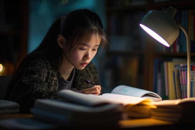 Um estudante absorto em estudos noturnos preparando-se diligentemente para os próximos exames.