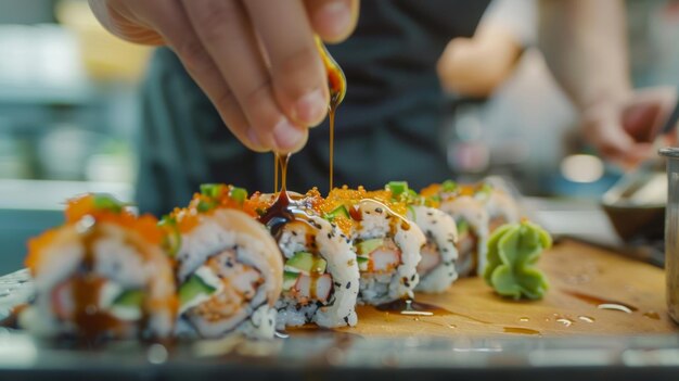 Um estudante adicionando cuidadosamente uma chuva de molho de soja ao seu rolo de sushi acabado