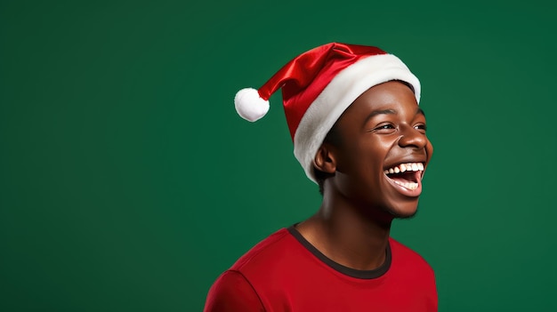 um estudante adolescente negro com chapéu de Papai Noel sorrindo sobre um fundo verde criado com tecnologia Generative Al