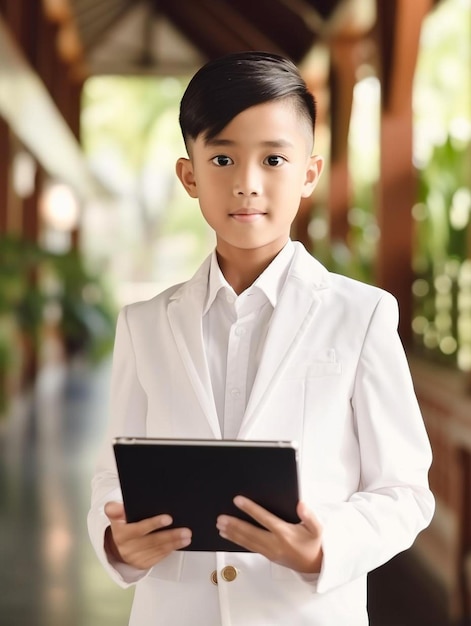 Um estudante asiático focado a usar um tablet digital na aula.