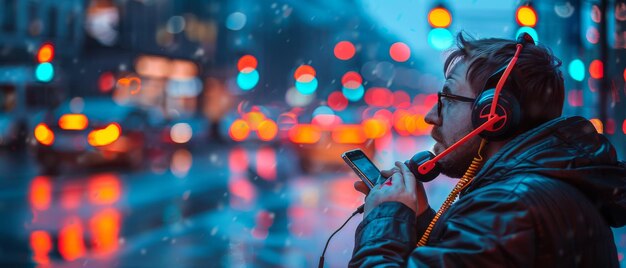 Um estudante asiático usa seu telefone enquanto sorri em um fundo azul