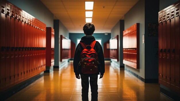 Um estudante com sua mochila pendurada sobre um ombro caminha por um corredor da escola brilhantemente iluminado o som de passos ecoando enchendo o ar