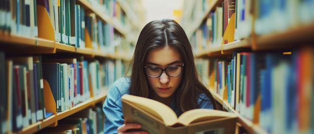 Um estudante concentrado, imerso na literatura, cercado por prateleiras de biblioteca, o epítome da dedicação acadêmica.