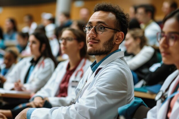 Foto um estudante de medicina numa sala de aula.