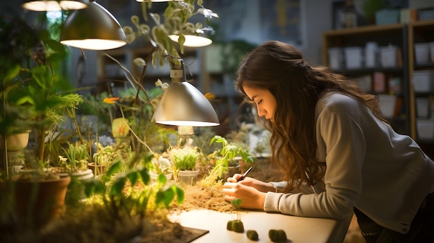 Um estudante envolvido em um projeto de ciência ambiental cercado de plantas e ferramentas científicas