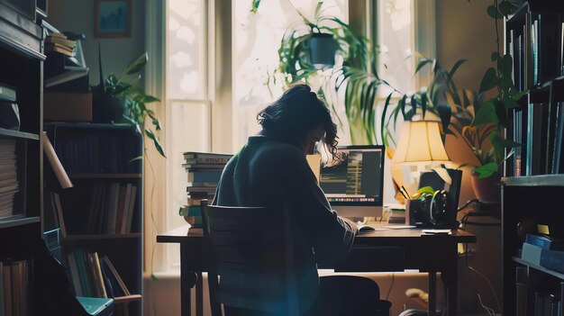 Foto um estudante está sentado em uma mesa em um escritório em casa cercado de livros e plantas o estudante está vestindo uma roupa casual e tem o cabelo longo