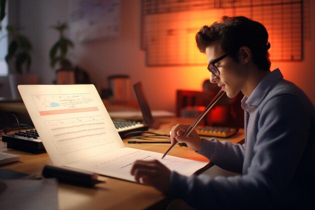 Foto um estudante fazendo um exame de teoria da música apresentando a generativa ai