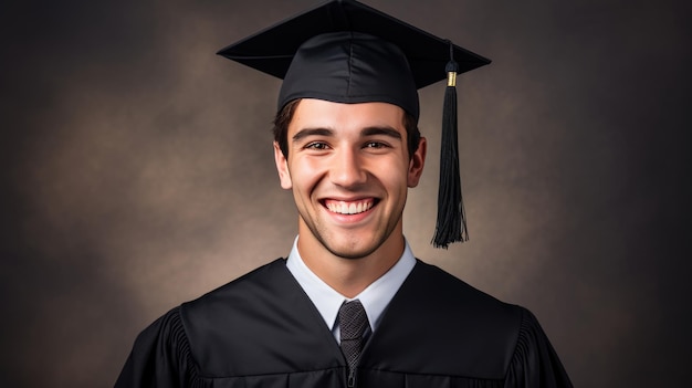 Um estudante feliz e sorridente graduando-se em um vestido acadêmico isolado em fundo preto