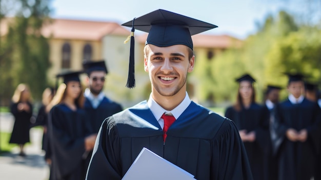 Um estudante feliz, sorridente e graduado com um vestido acadêmico em frente a outros ex-alunos