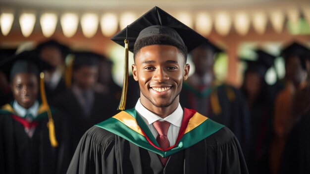 Um estudante feliz, sorridente e graduado com um vestido acadêmico em frente a outros ex-alunos