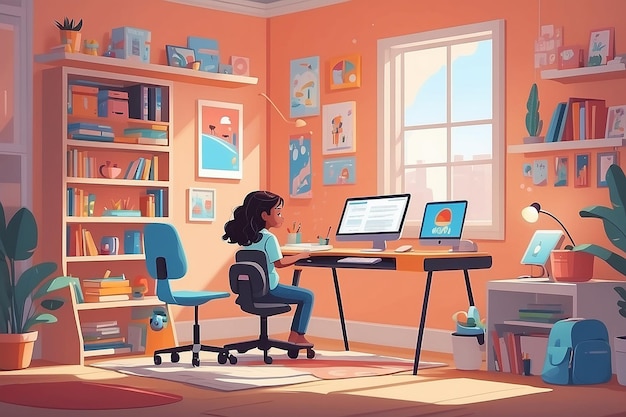 Um estudante sentado na secretária do escritório em casa fazendo a lição de casa da escola surfando na web no computador de mesa