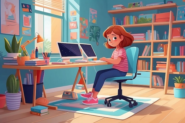 Um estudante sentado na secretária do escritório em casa fazendo a lição de casa da escola surfando na web no computador de mesa