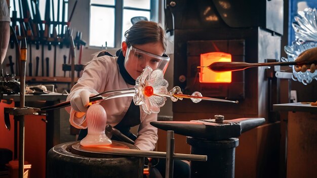 Foto um estudante soprador de vidro tenta fazer uma flor de vidro