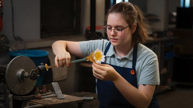 Um estudante soprador de vidro tenta fazer uma flor de vidro