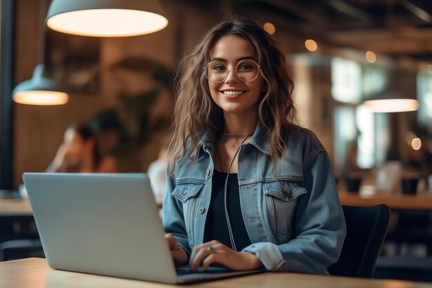 Foto um estudante sorridente usando laptop