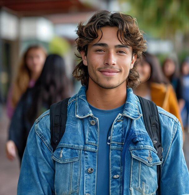 Foto um estudante universitário feliz com uma mochila