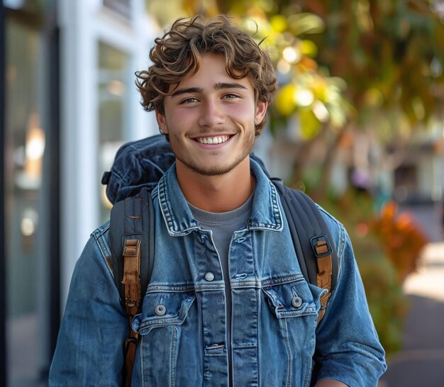 Foto um estudante universitário feliz com uma mochila