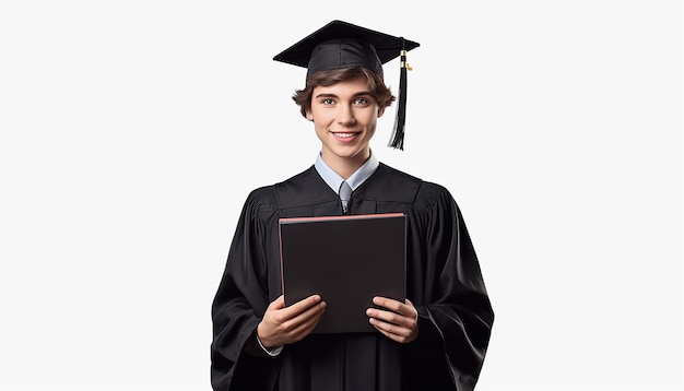 Um estudante universitário segura um livro Conceito de graduação e sucesso Sessão de fotos profissional