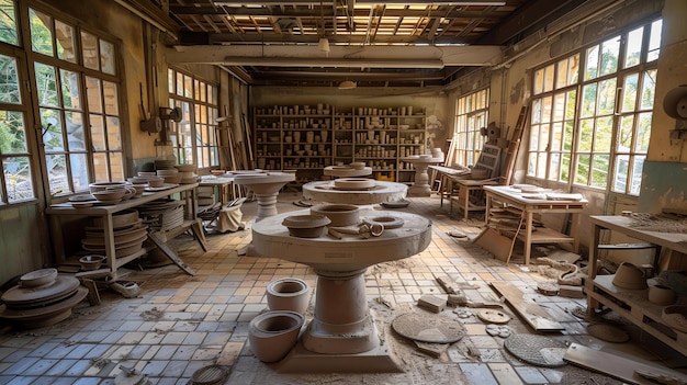 Foto um estúdio de cerâmica abandonado com grandes janelas e uma clarabóia