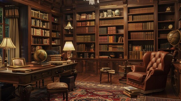 Um estudo enigmático com estantes de livros no chão e um globo vintage iluminado pelo brilho de uma lâmpada de banqueiro