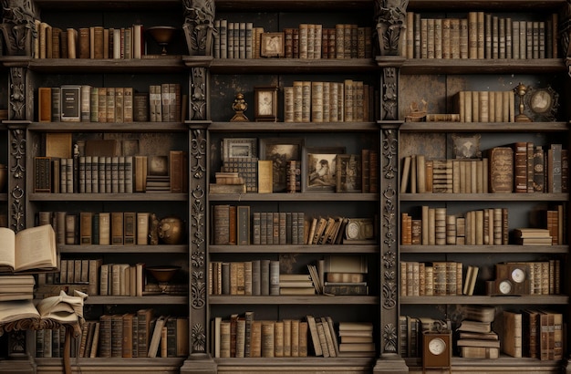 um exemplo de prateleira acima e abaixo das estantes de uma antiga biblioteca