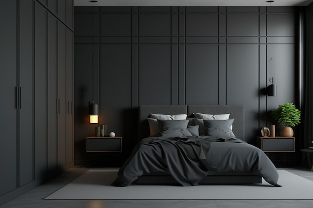 Um exemplo de um quarto clássico minimalista com detalhes em madeira preta, um piso de concreto, armários de cabeceira e luminárias para a moldura do protótipo de leitura