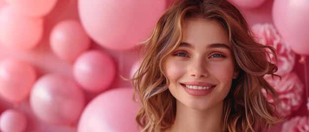 Foto um exemplo de uma mulher feliz segurando uma fita rosa um grande conceito para prevenir o câncer de mama